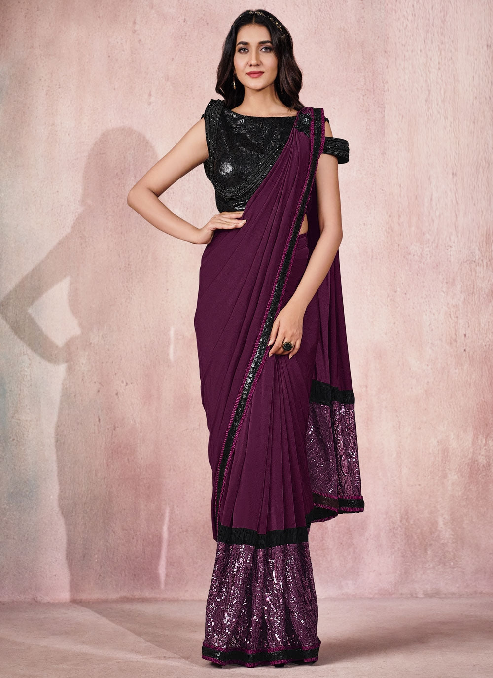 Bella Fancy Dresses Lycra Ready To Wear Saree For Wedding in Wine Color