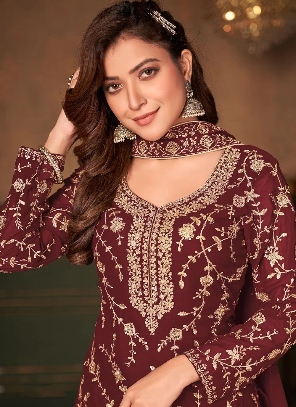 Bella Fancy Dresses Maroon Color Palazzo Style Indian Salwar Kameez