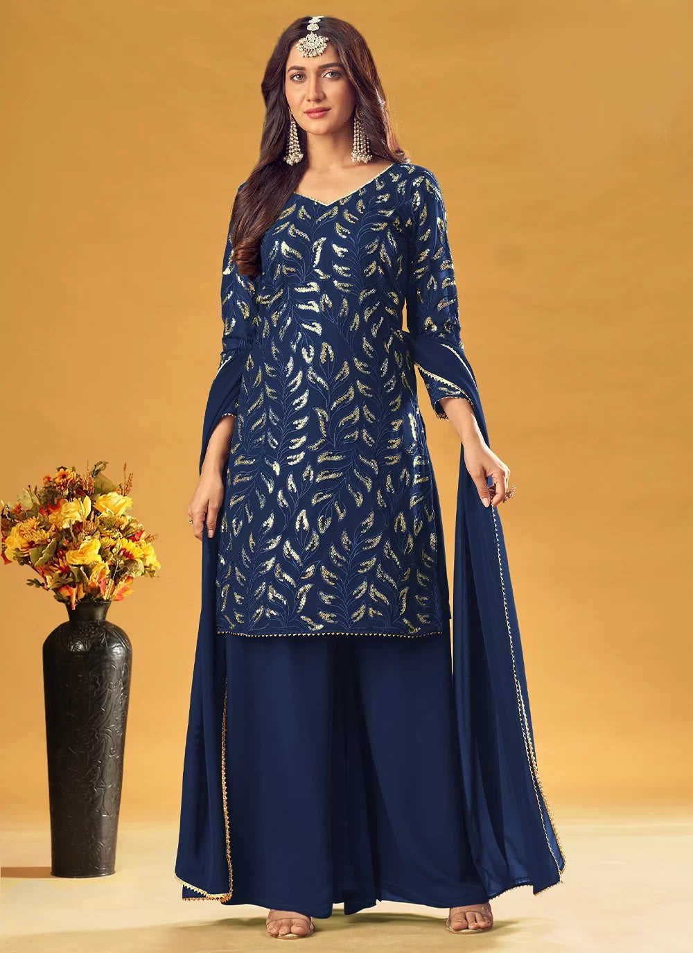 Bella Fancy Dresses Navy Blue Embroidered Faux Georgette Readymade Salwar Suit