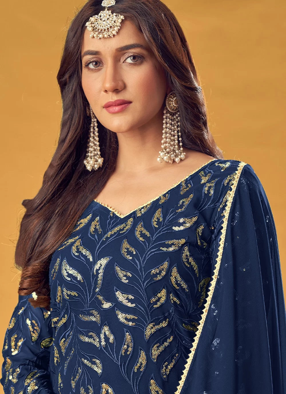 Bella Fancy Dresses Navy Blue Embroidered Faux Georgette Readymade Salwar Suit
