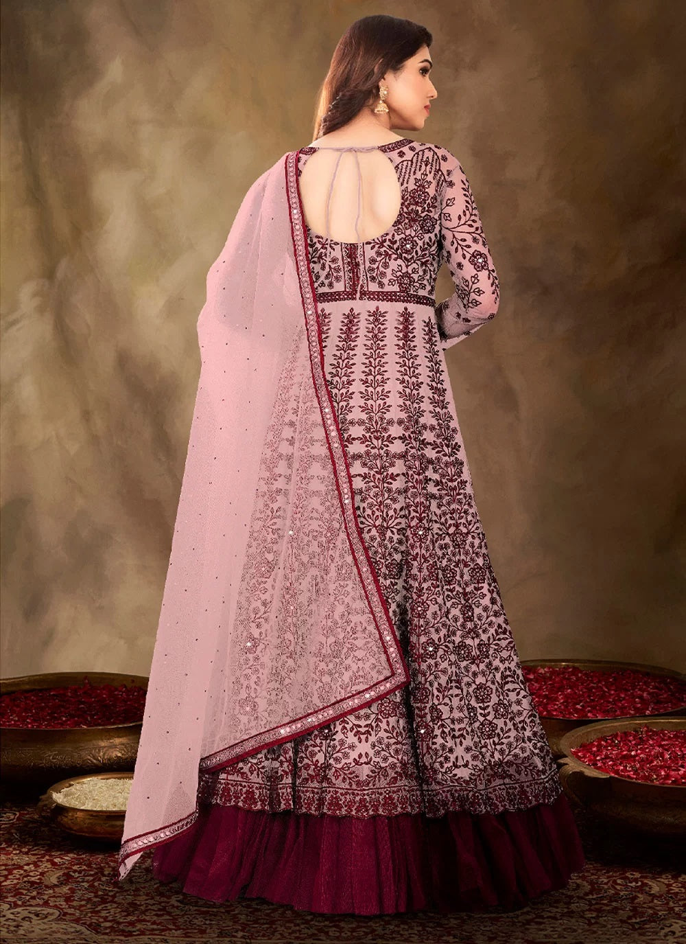 Bella Fancy Dresses Net Designer Floor Length Salwar Suit in Pink Color