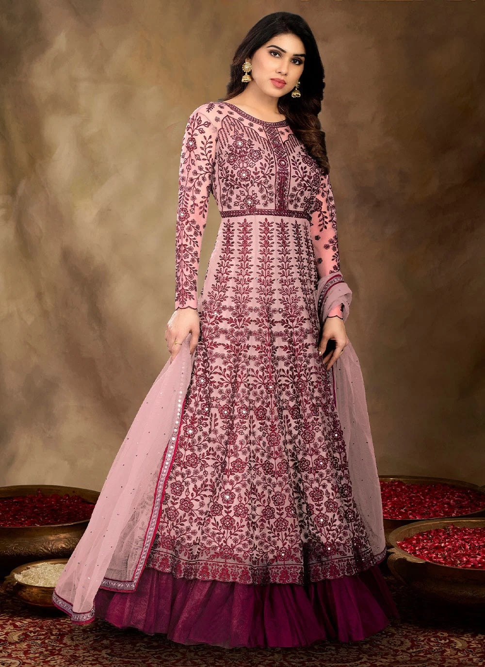 Bella Fancy Dresses Net Designer Floor Length Salwar Suit in Pink Color