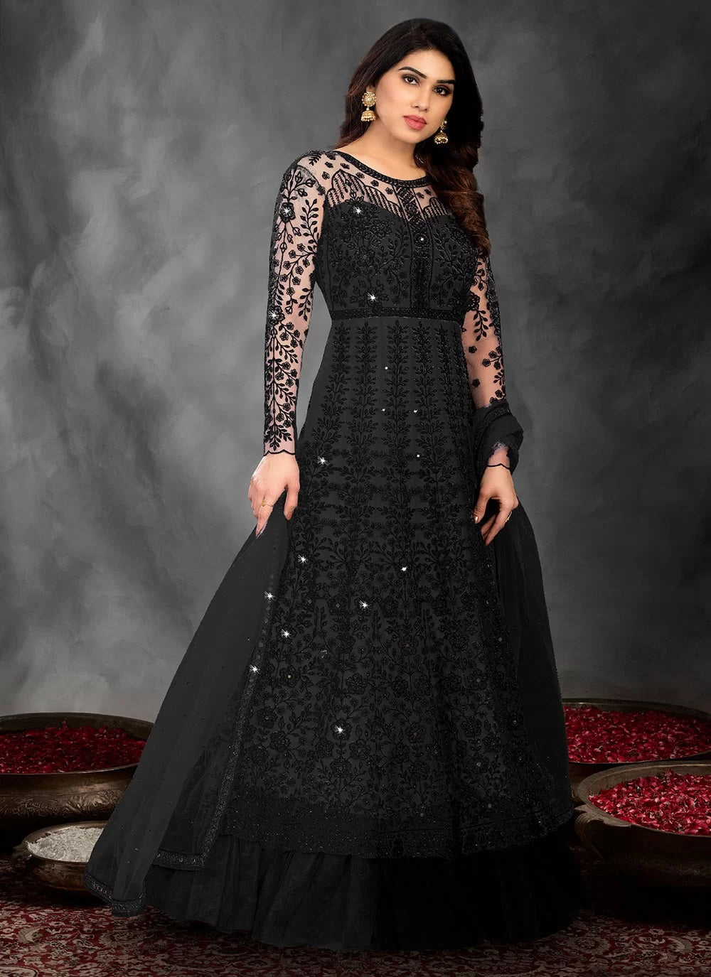 Bella Fancy Dresses Net Salwar Suit Black Resham Net Designer Floor Length Suit