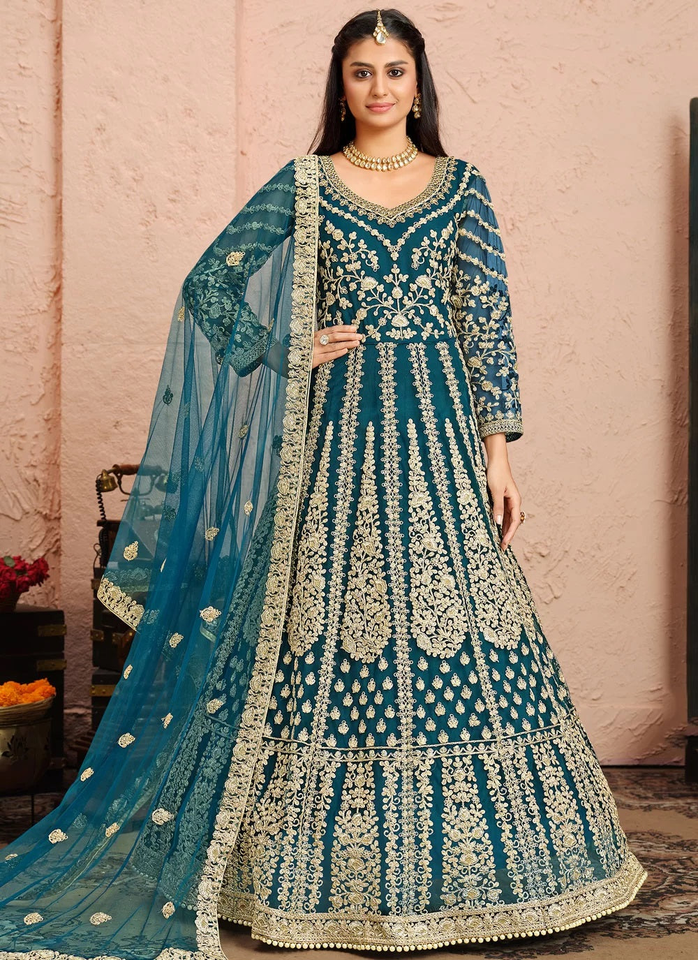 Bella Fancy Dresses Net Salwar Suit Blue Embroidered Anarkali Suit