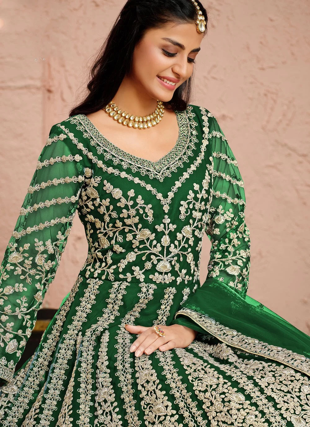 Bella Fancy Dresses Net Salwar Suit Green Color Net Designer Floor Length Suit