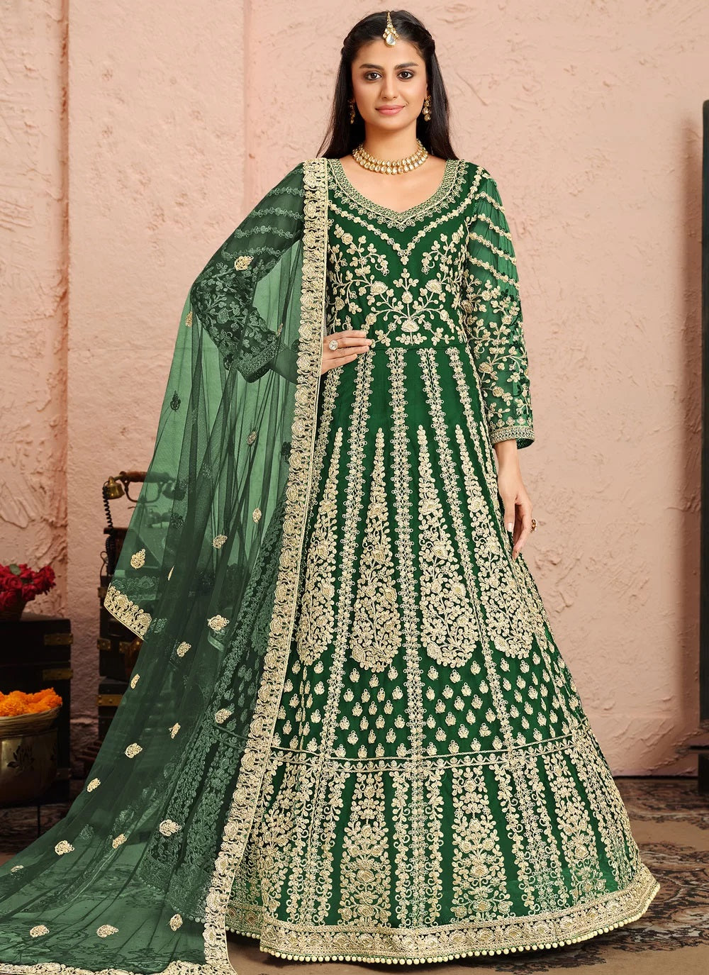Bella Fancy Dresses Net Salwar Suit Green Color Net Designer Floor Length Suit