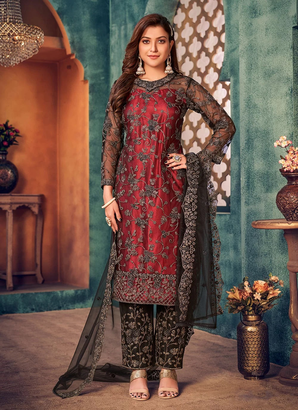 Bella Fancy Dresses Net Salwar Suit Maroon Embroidered Net Layered Salwar Kameez