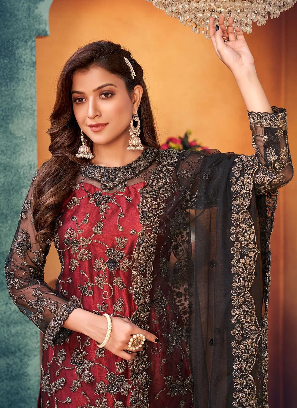 Bella Fancy Dresses Net Salwar Suit Maroon Embroidered Net Layered Salwar Kameez