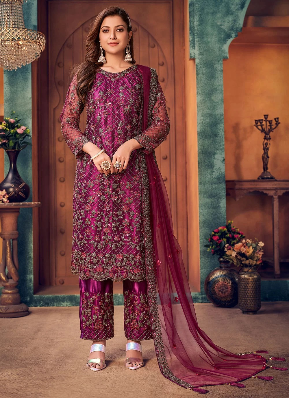 Bella Fancy Dresses Net Salwar Suit Purple Net Pakistani Layered Salwar Kameez