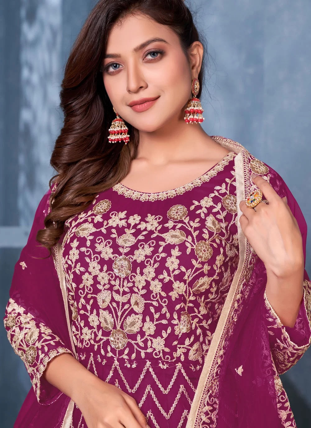Bella Fancy Dresses Net Salwar Suit Sequins Net Floor Length Salwar Kameez Magenta
