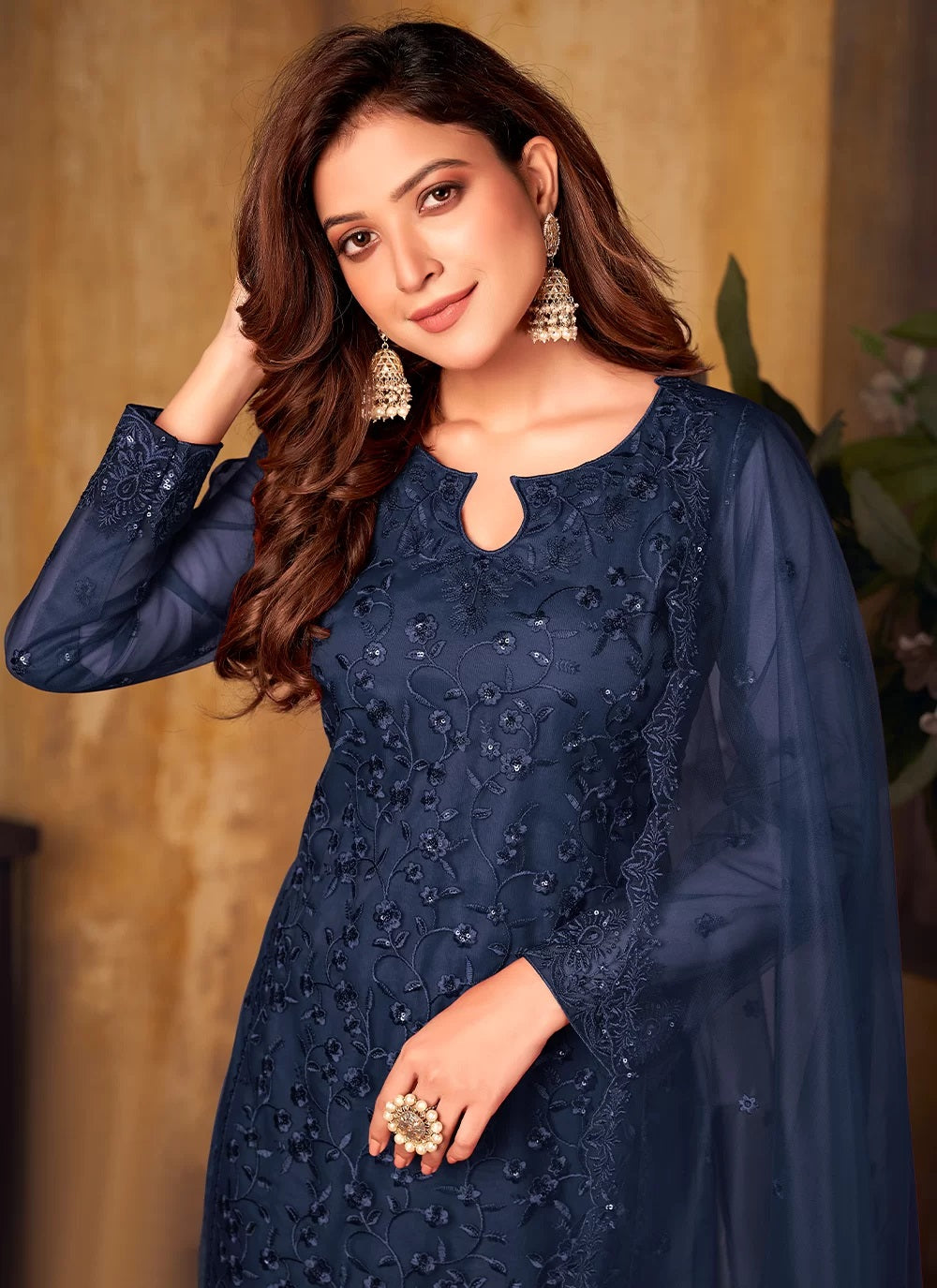 Bella Fancy Dresses Net Thread Straight Salwar Suit In Blue