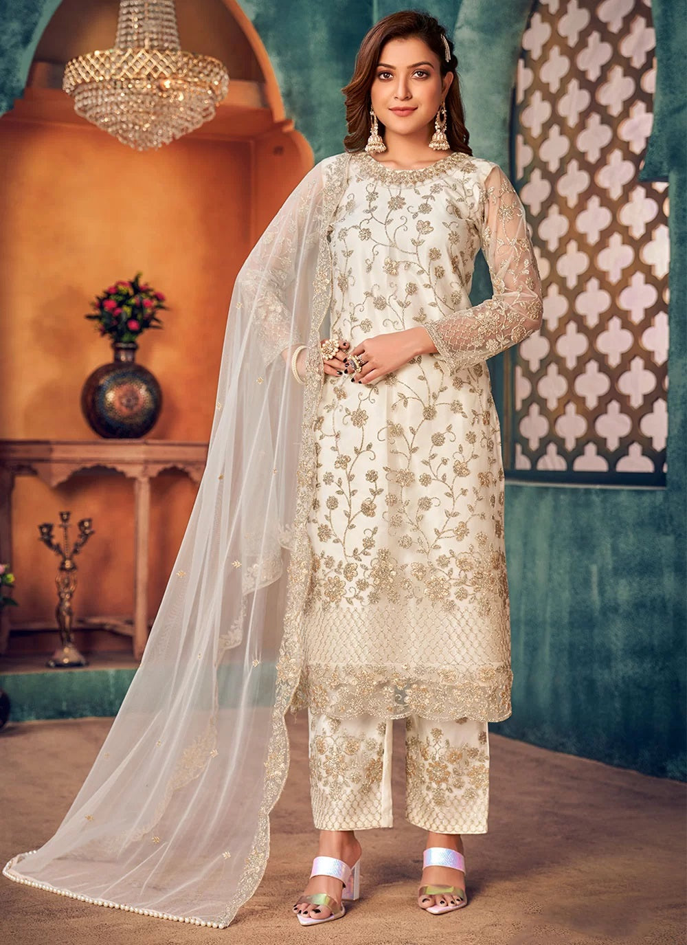 Bella Fancy Dresses Off White Embroidered Net Layered Salwar Suit