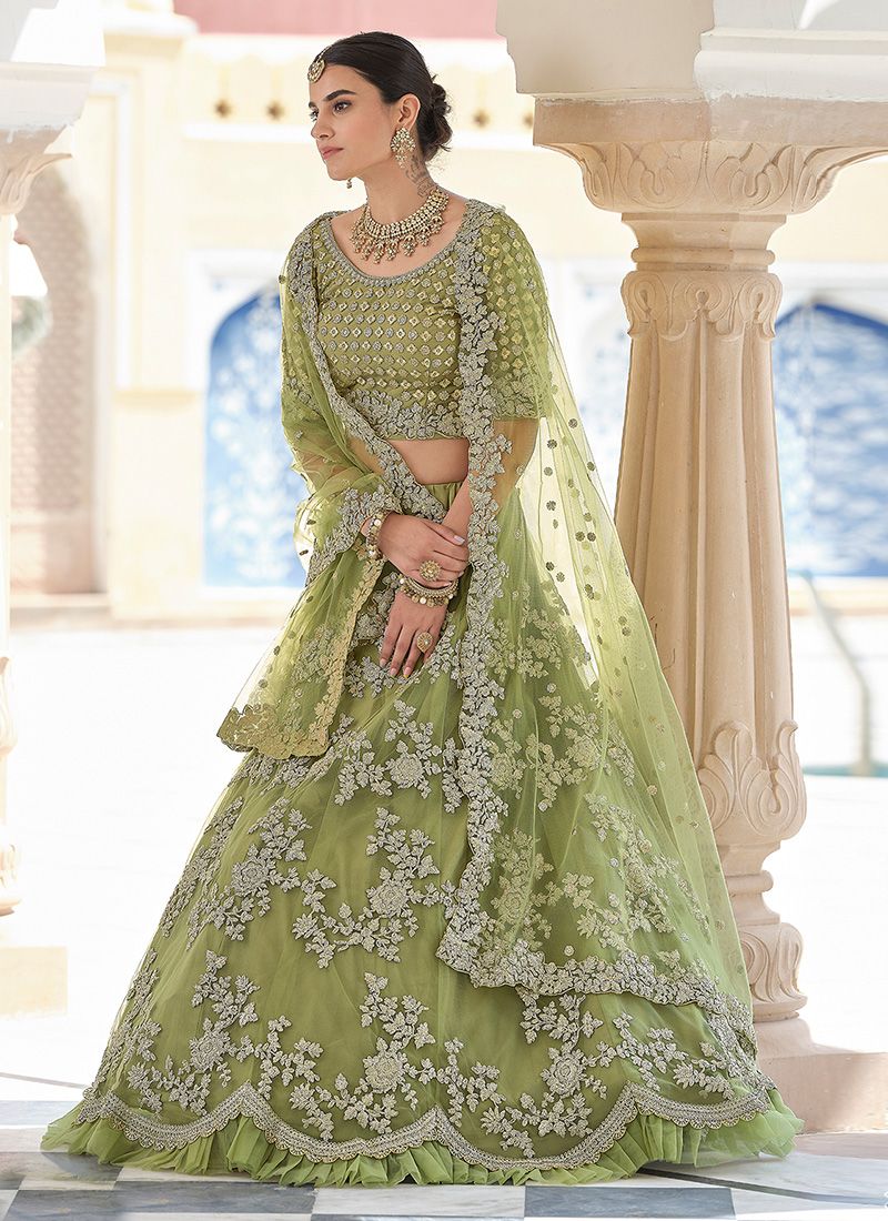 Bella Fancy Dresses Olive Green Soft Net Dori And Sequins Work Lehenga