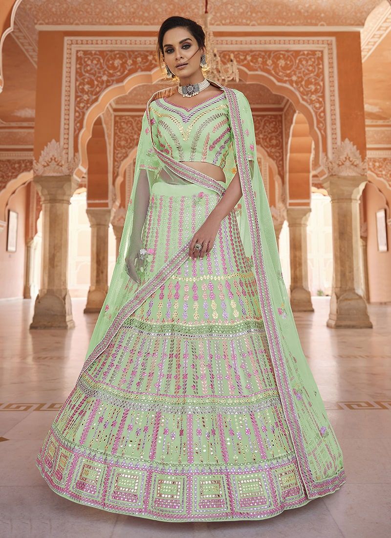 Bella Fancy Dresses Organza Fabric Lehenga With Resham And Gota Work In Pista Green