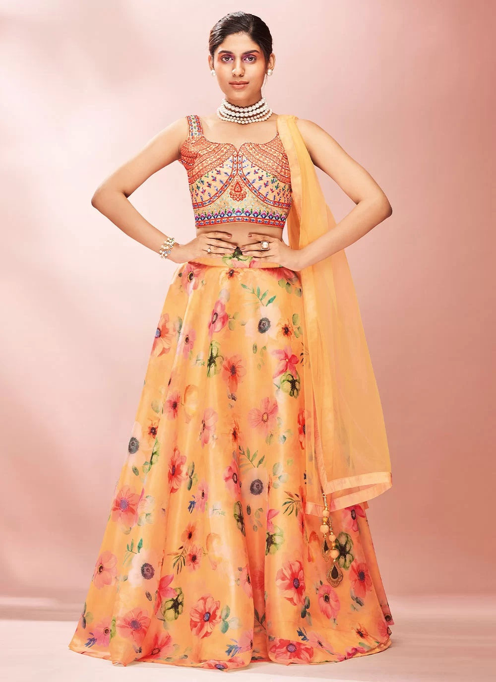 Bella Fancy Dresses Organza Thread Work Readymade Lehenga Choli In Peach