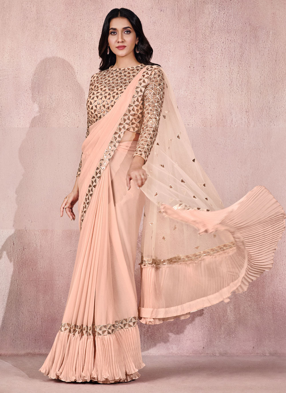 Bella Fancy Dresses Peach Color Satin Silk Ready To Wear Saree
