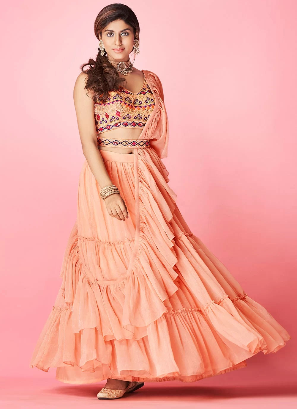 Bella Fancy Dresses Peach Handwork Chiffon Wedding Lehenga Choli
