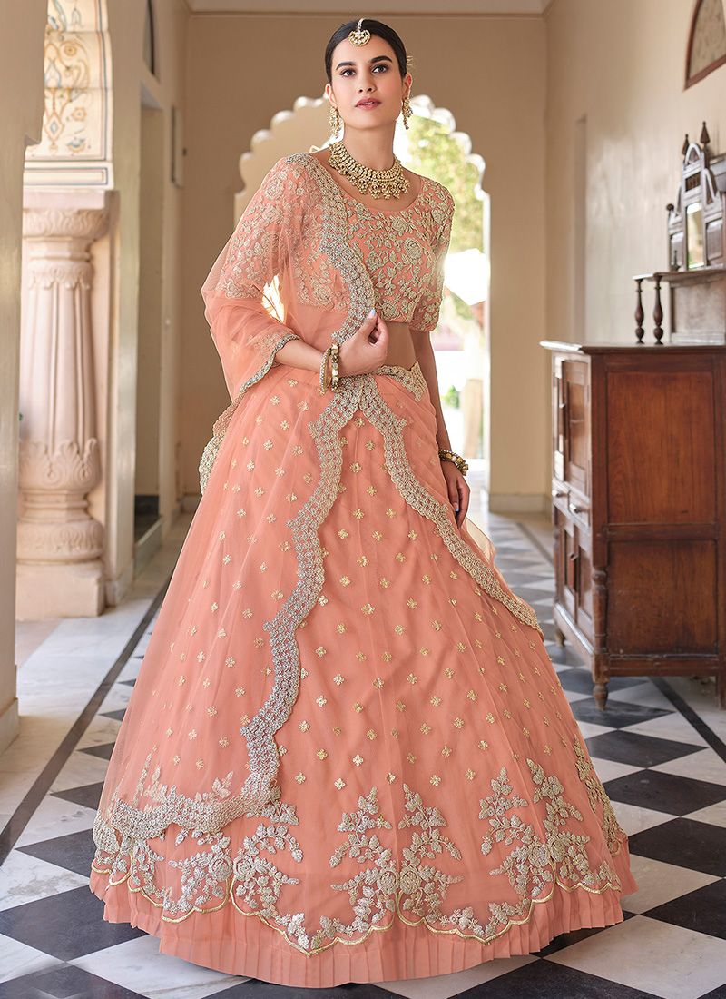 Bella Fancy Dresses Peach Soft Net Dori Work Lehenga Choli