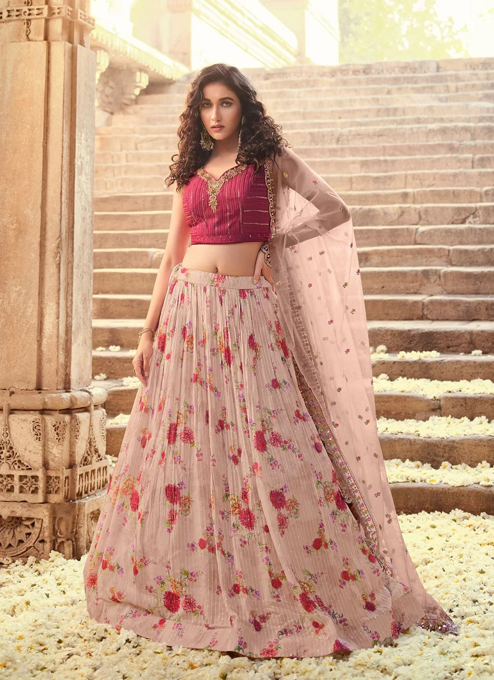 Bella Fancy Dresses Pink Floral Printed Readymade Lehenga Choli