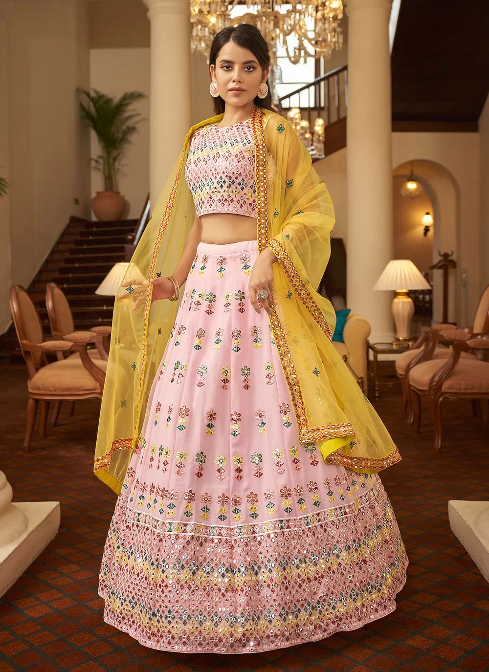 Bella Fancy Dresses Pink Thread Embroidery And Gota Patti Work Lehenga Choli