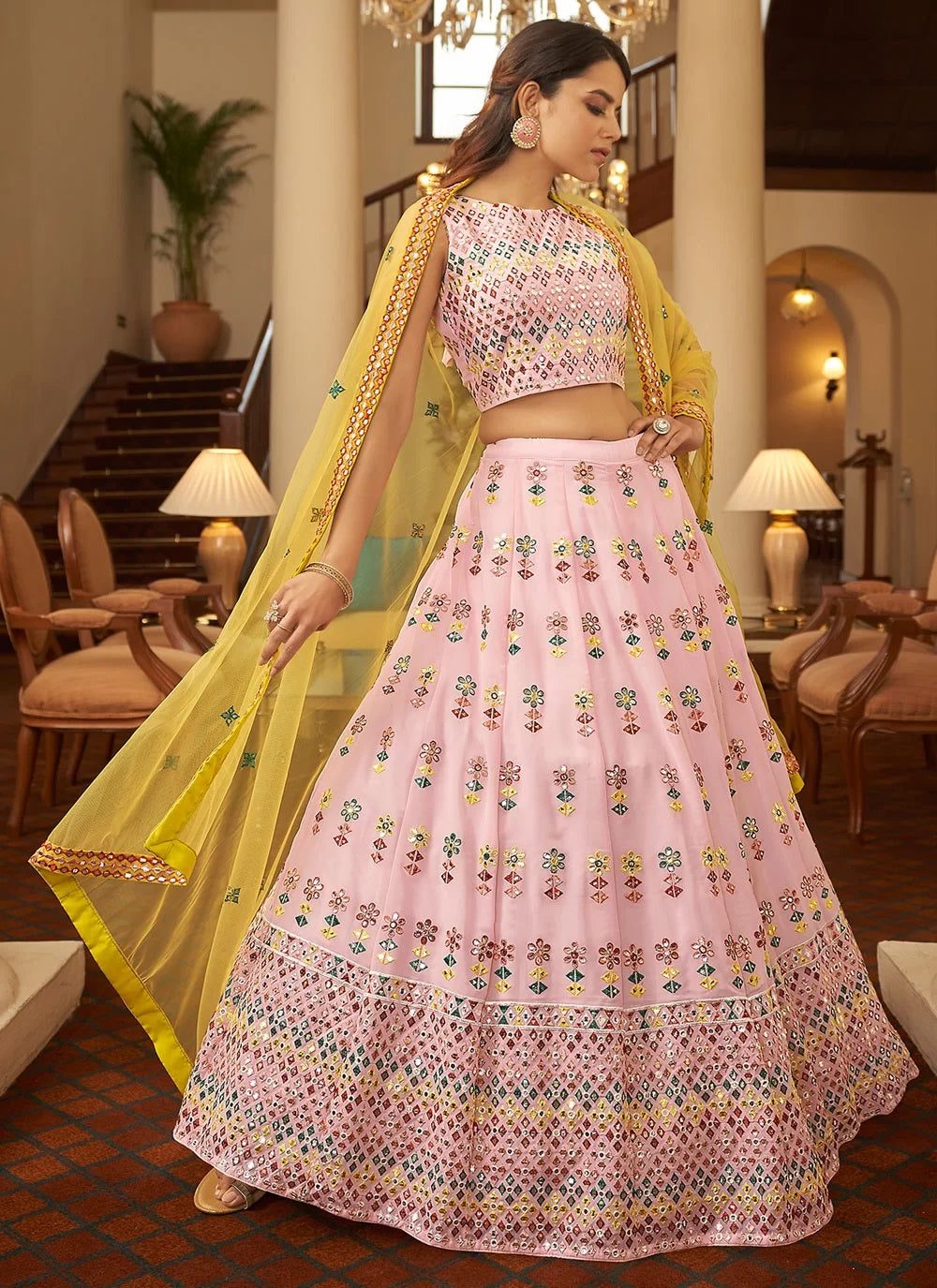 Bella Fancy Dresses Pink Thread Embroidery And Gota Patti Work Lehenga Choli