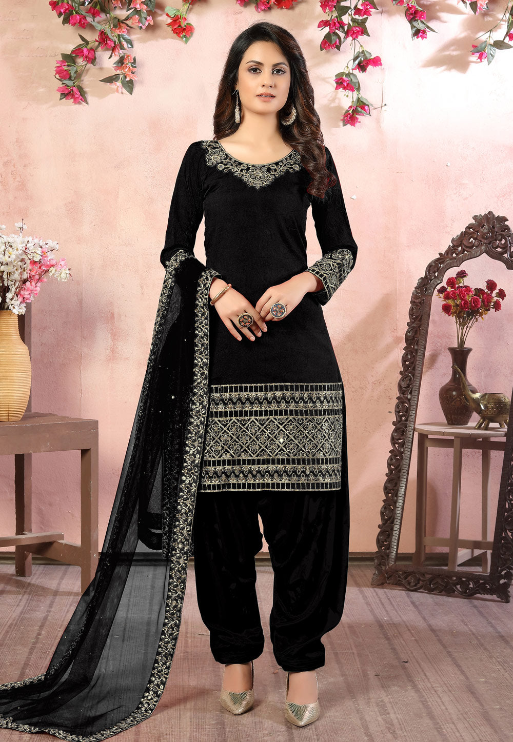 Bella Fancy Dresses Punjabi Suits Embroidered Art Silk Punjabi Suit In Black
