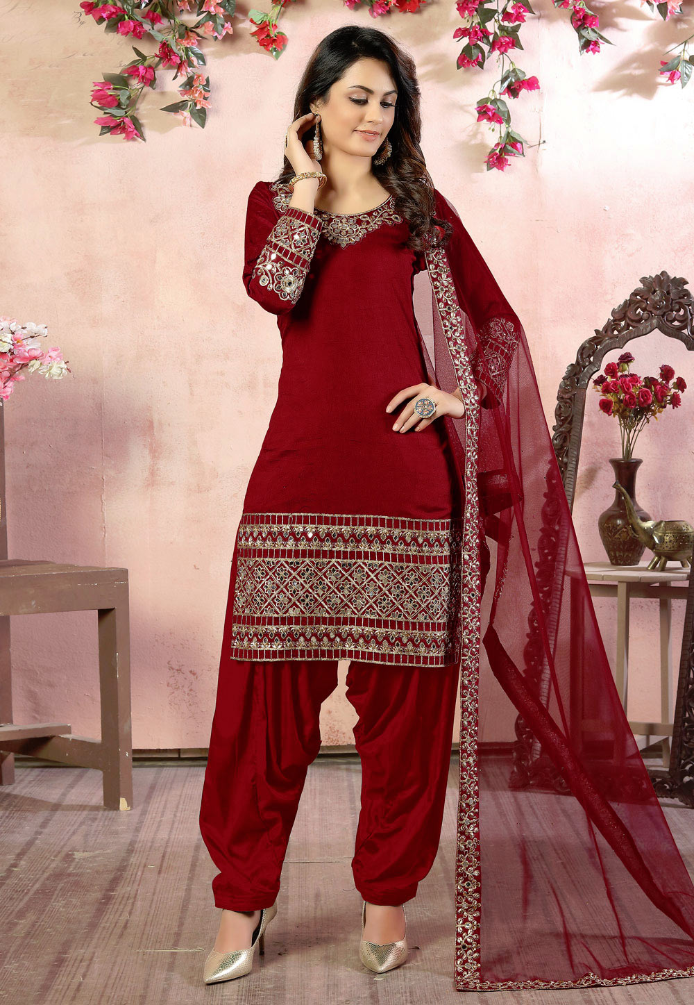 Bella Fancy Dresses Punjabi Suits Embroidered Art Silk Punjabi Suit In Red