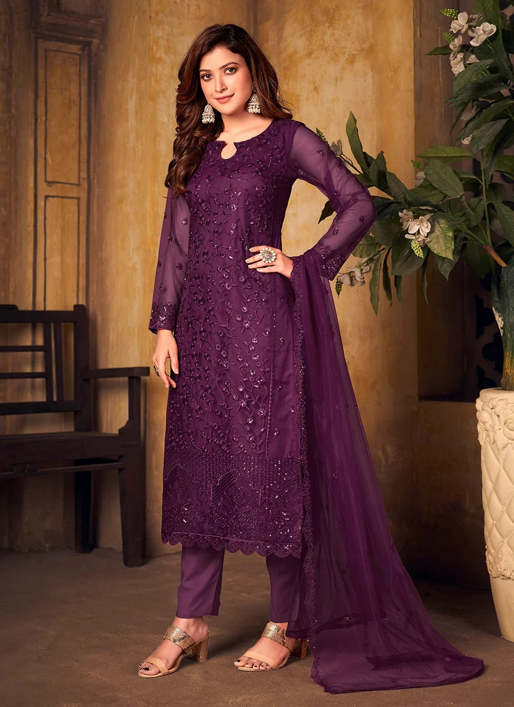 Bella Fancy Dresses Purple Net Party Wear Straight Salwar Suit