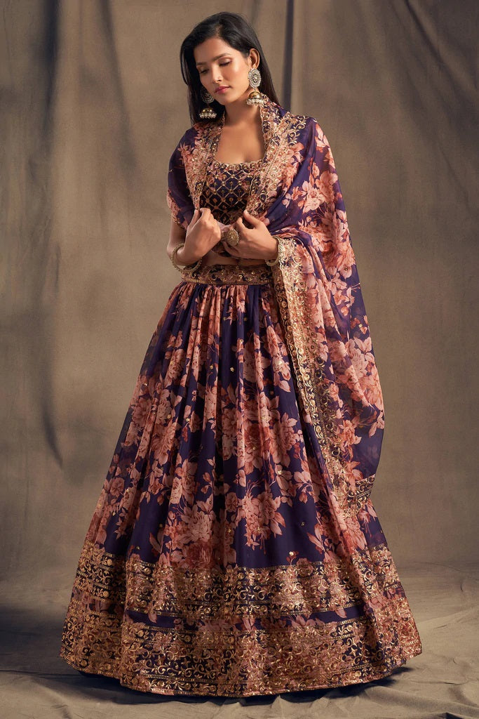 Bella Fancy Dresses Purple Zari Embroidery Organza Semi Stitched Lehenga Choli