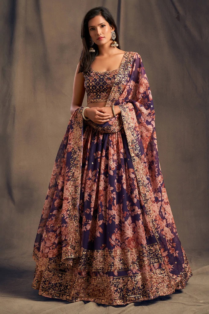 Bella Fancy Dresses Purple Zari Embroidery Organza Semi Stitched Lehenga Choli