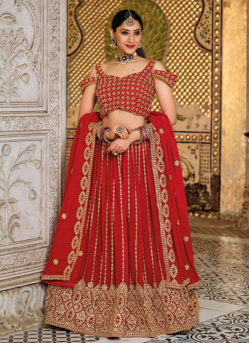 Bella Fancy Dresses Red Color Georgette  Sequins Trendy  Lehenga Choli