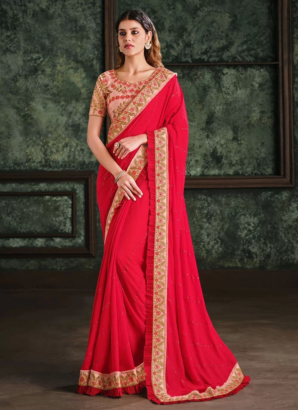 Bella Fancy Dresses Red Embroidered Silk Bridal Readymade Saree