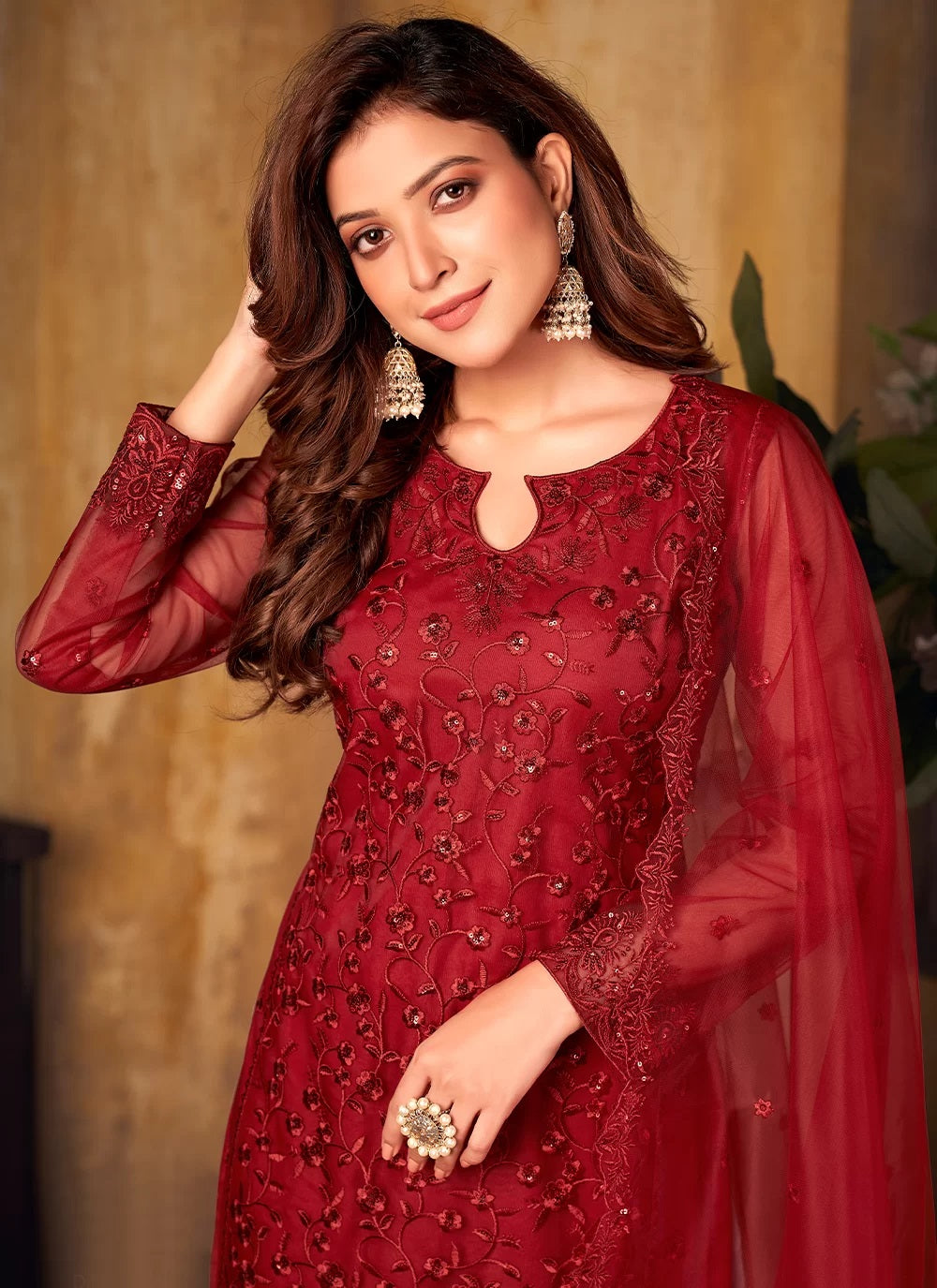 Bella Fancy Dresses Red Net Thread Designer Straight Salwar Kameez