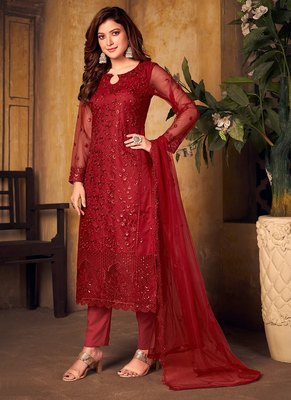 Bella Fancy Dresses Red Net Thread Designer Straight Salwar Kameez