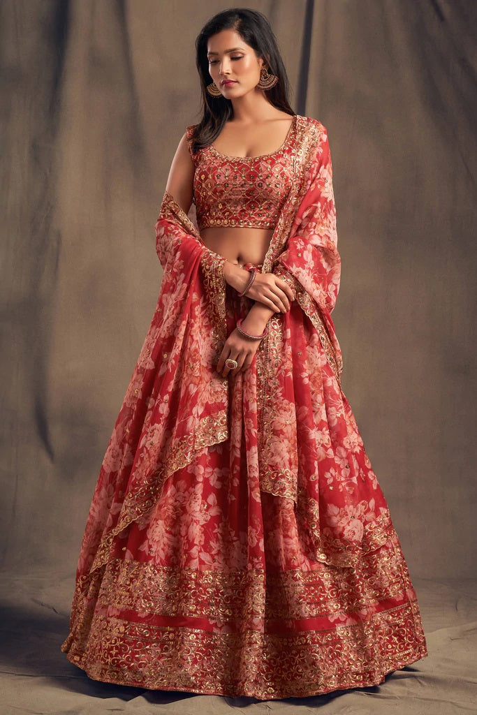 Bella Fancy Dresses Red Zari Embroidery Organza Occasional Wear Lehenga Choli