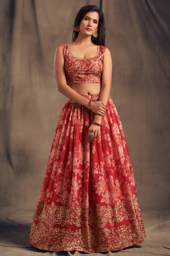 Bella Fancy Dresses Red Zari Embroidery Organza Occasional Wear Lehenga Choli