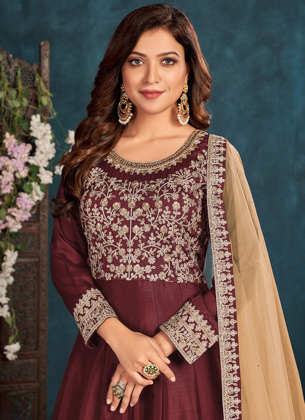 Bella Fancy Dresses Salwar Kameez Art Silk Resham Work Floor Length Suit In Maroon