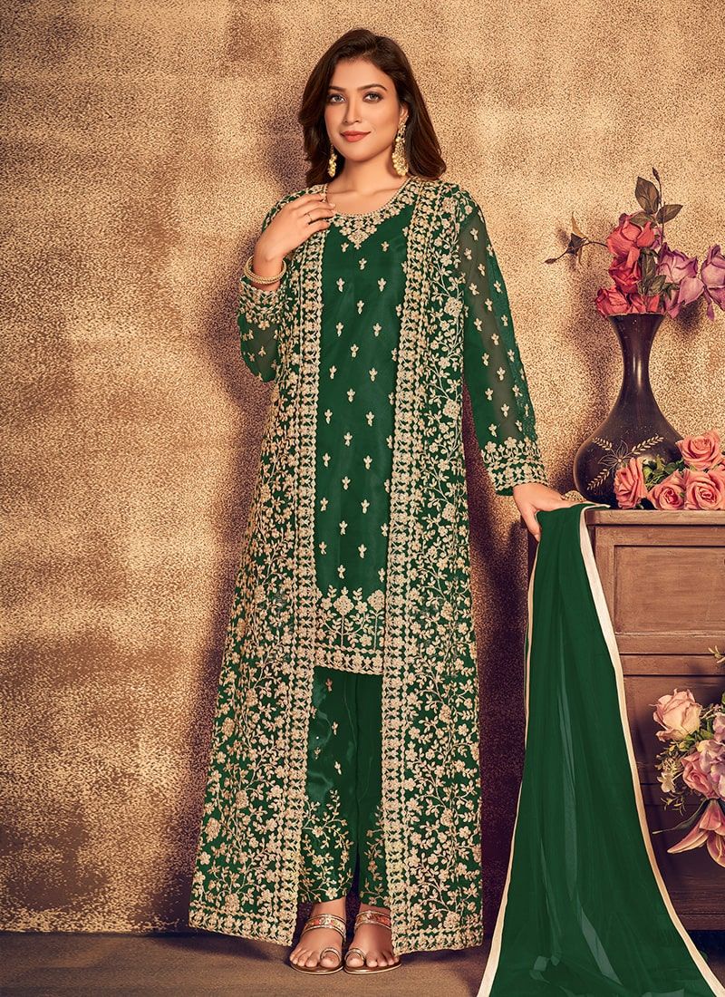 Bella Fancy Dresses Salwar Kameez Green Embroidered Net Suit With Jacket And Pant