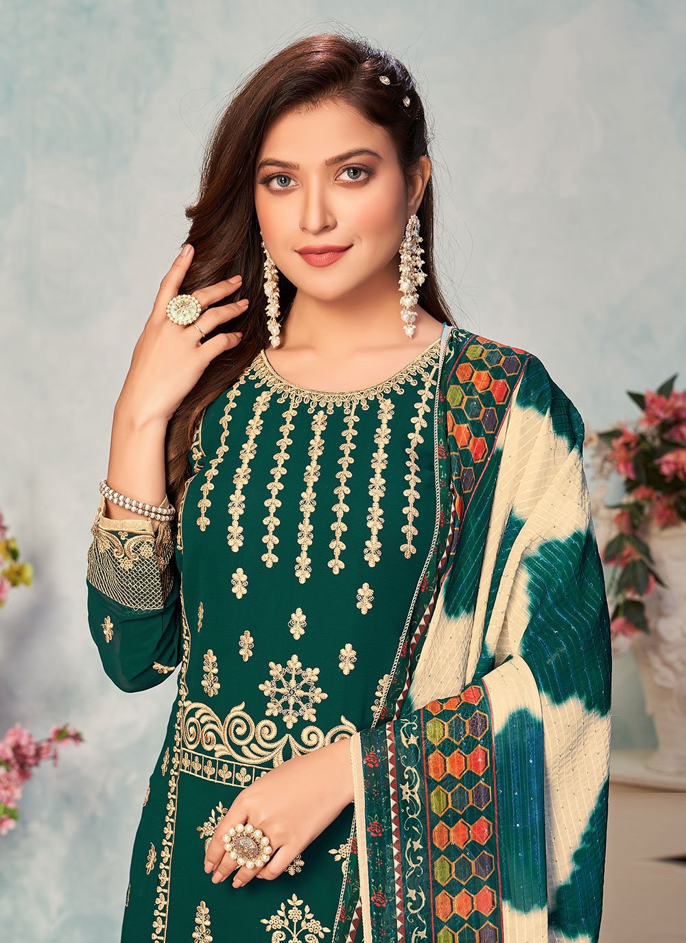 Bella Fancy Dresses Salwar Kameez Green Faux Georgette Embroidered Salwar Kameez
