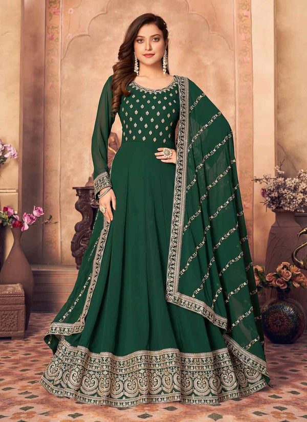 Bella Fancy Dresses Salwar Kameez Green Faux Georgette Festival Floor Length Designer Anarkali Suit