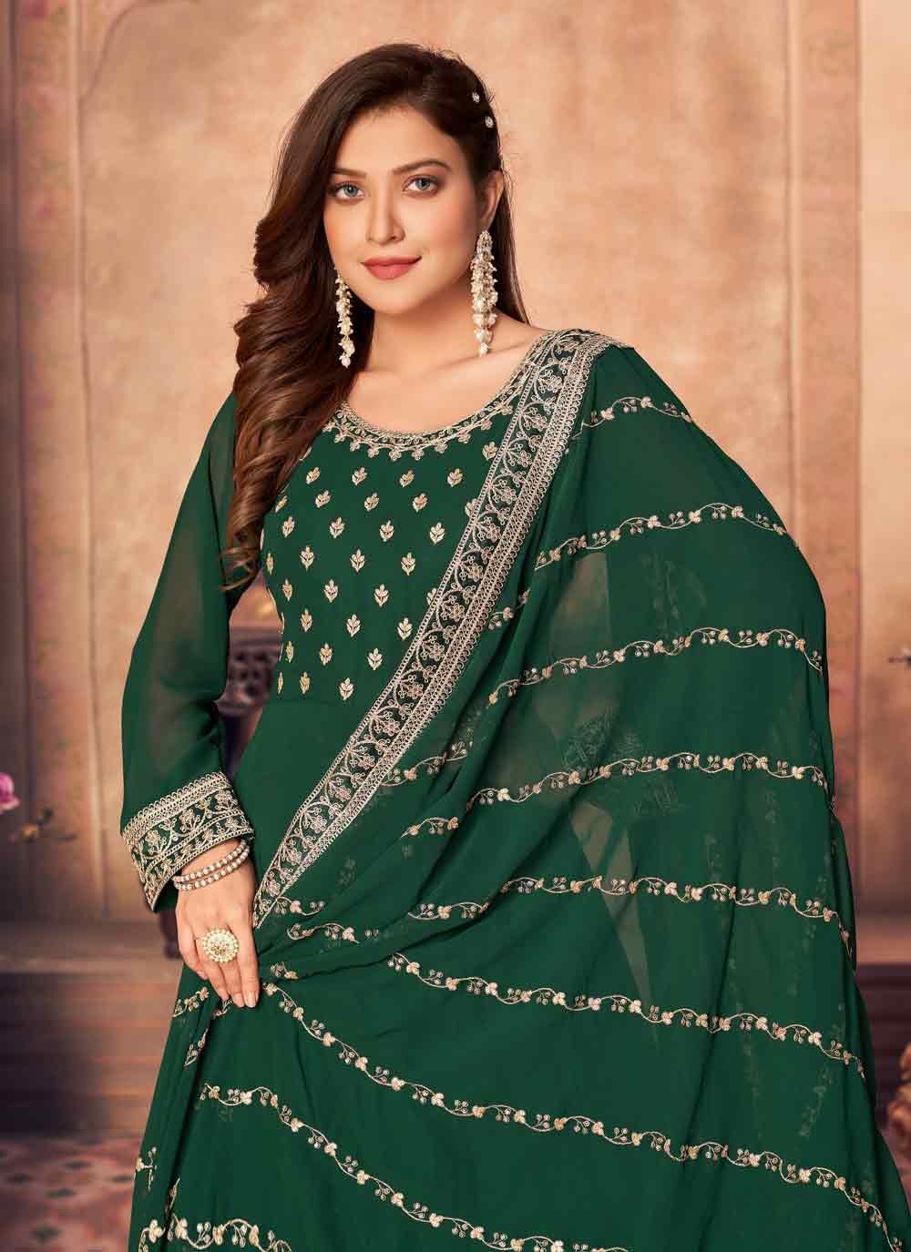 Bella Fancy Dresses Salwar Kameez Green Faux Georgette Festival Floor Length Designer Anarkali Suit