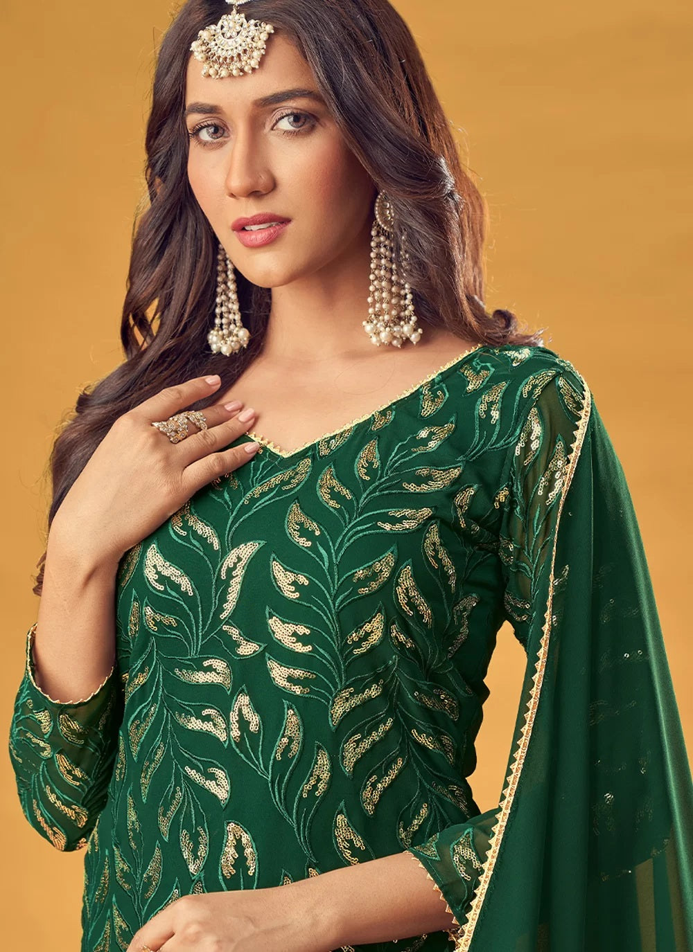 Bella Fancy Dresses Salwar Kameez Green Faux Georgette Ready to wear Trendy Salwar Suit