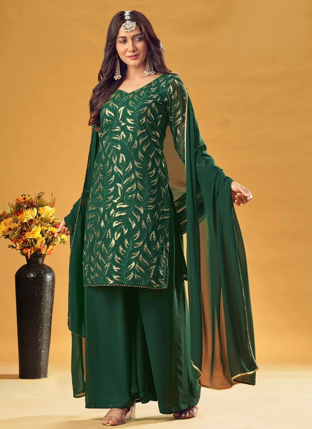 Bella Fancy Dresses Salwar Kameez Green Faux Georgette Ready to wear Trendy Salwar Suit