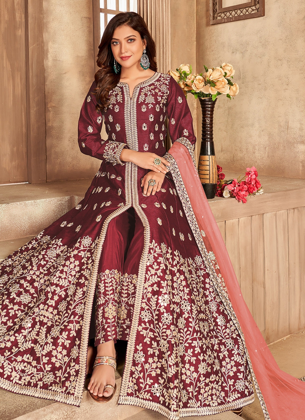 Bella Fancy Dresses Salwar Kameez Maroon Color Floor Length Designer Indian Dress