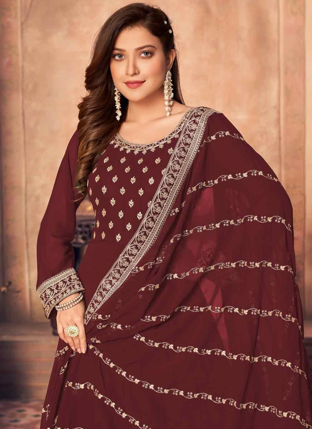 Bella Fancy Dresses Salwar Kameez Maroon Embroidered Faux Georgette Floor Length Suit
