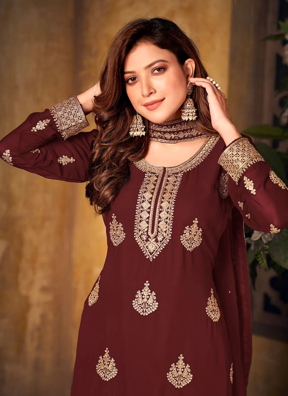 Bella Fancy Dresses Salwar Kameez Maroon Indian Designer Palazzo Suit