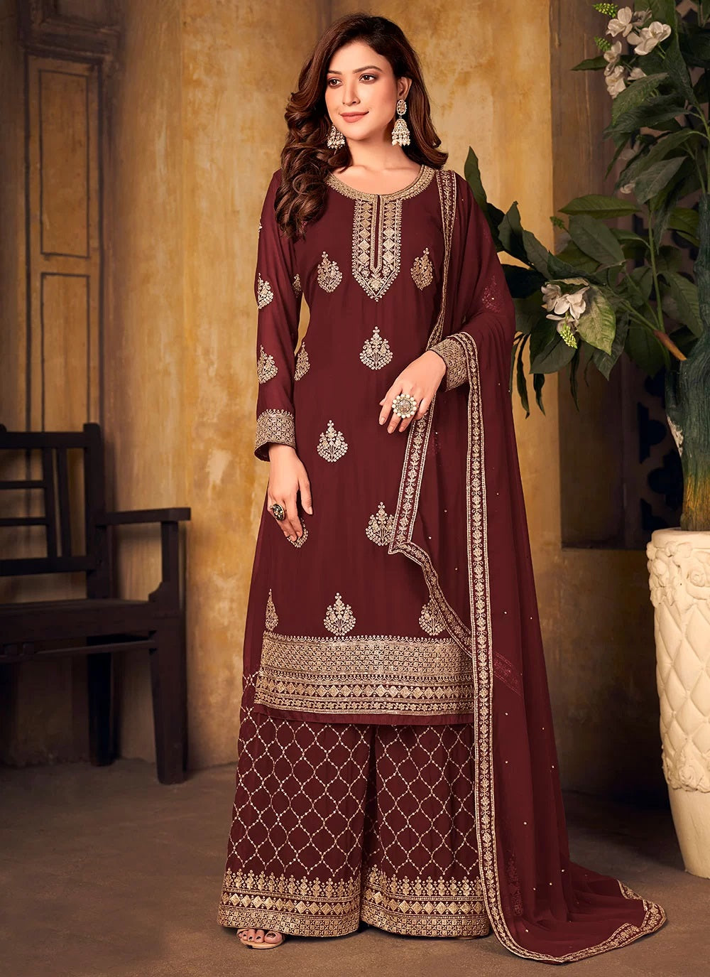 Bella Fancy Dresses Salwar Kameez Maroon Indian Designer Palazzo Suit