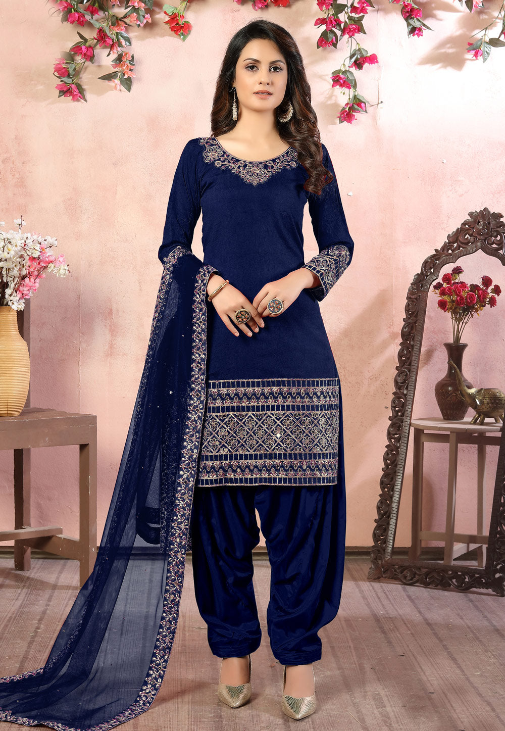 Bella Fancy Dresses Salwar Kameez Navy Blue Art Silk Punjabi Salwar Suit