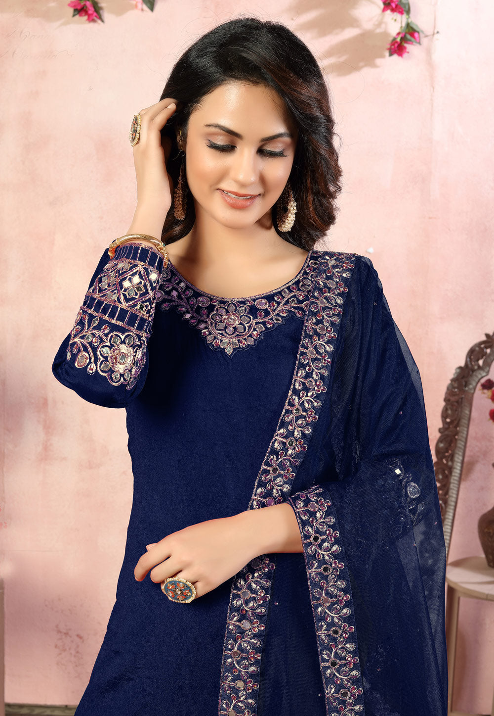 Bella Fancy Dresses Salwar Kameez Navy Blue Art Silk Punjabi Salwar Suit