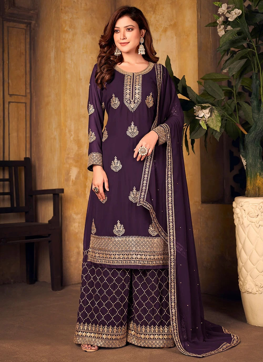 Bella Fancy Dresses Salwar Kameez Purple Embroidered Palazzo Style Suit